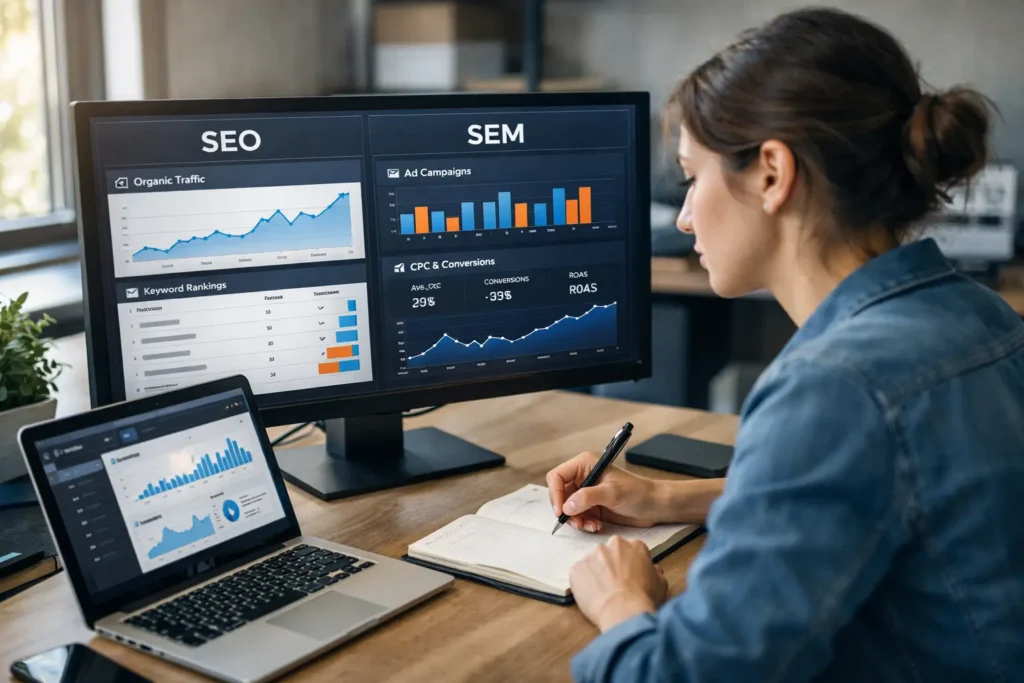 Trabajadora combinando SEO y SEM 