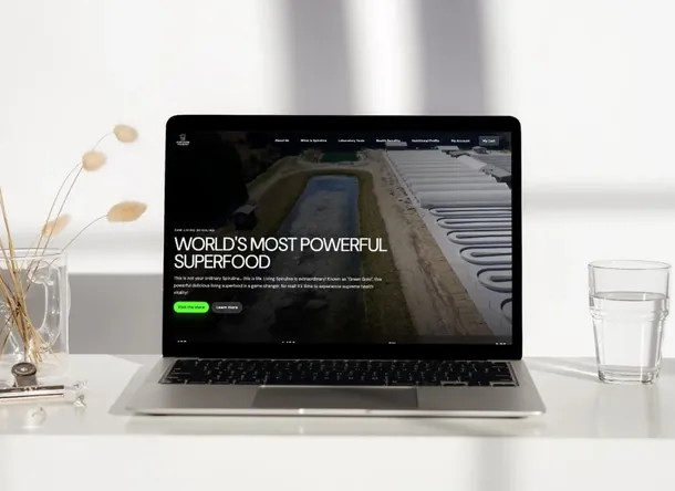 The Raw Living Spirulina online store open on a laptop, the direct-to-consumer site we rebuilt and run the SEO for