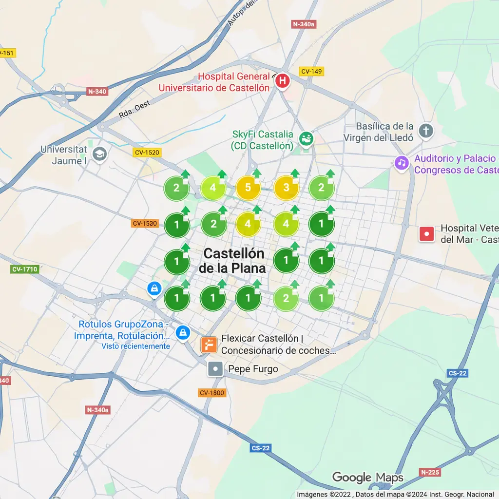 Mapa con una cuadrícula de posiciones de SEO local